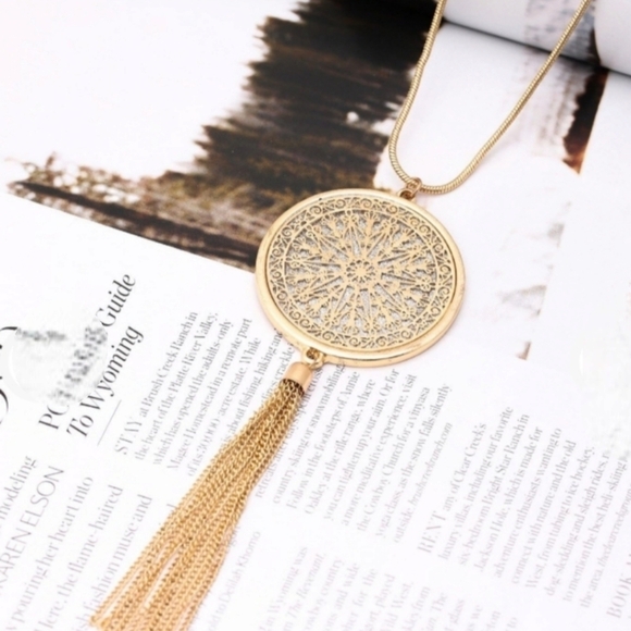 Long Necklace Disk Circle Pendant Tassel - Picture 7 of 11